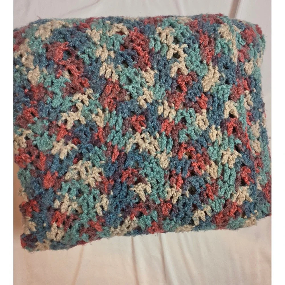 Vintage Handmade Crochet Throw Blanket Variegated Teal Burgundy Cream 56x56 Boho